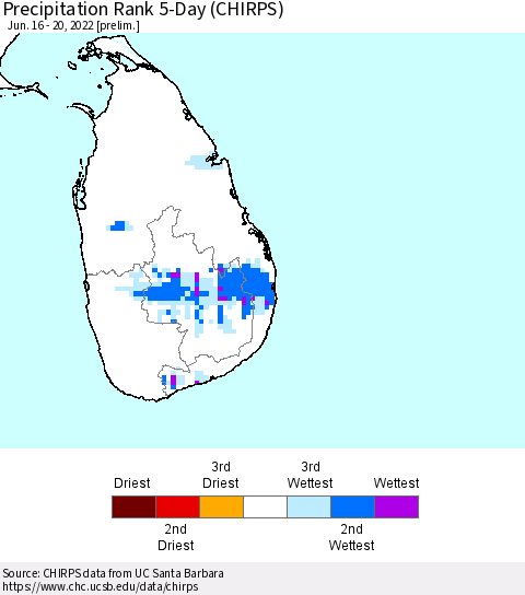 Sri Lanka Precipitation Rank 5-Day (CHIRPS) Thematic Map For 6/16/2022 - 6/20/2022