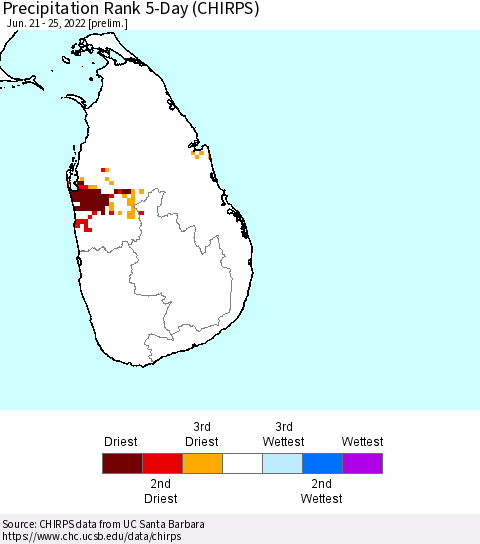 Sri Lanka Precipitation Rank 5-Day (CHIRPS) Thematic Map For 6/21/2022 - 6/25/2022