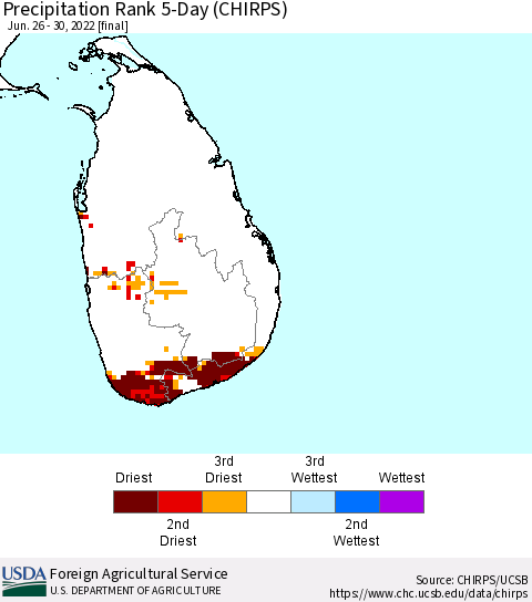 Sri Lanka Precipitation Rank 5-Day (CHIRPS) Thematic Map For 6/26/2022 - 6/30/2022