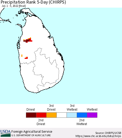 Sri Lanka Precipitation Rank since 1981, 5-Day (CHIRPS) Thematic Map For 7/1/2022 - 7/5/2022