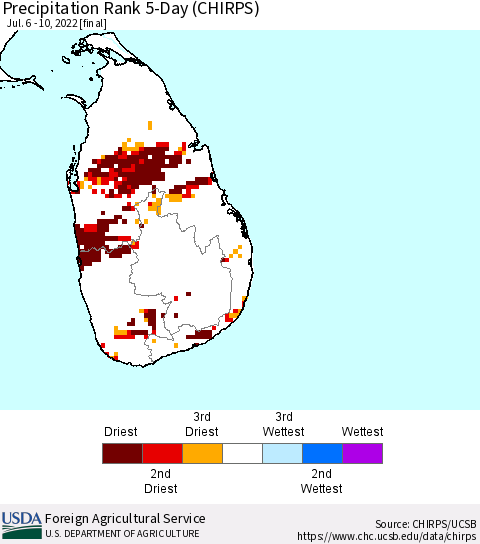Sri Lanka Precipitation Rank since 1981, 5-Day (CHIRPS) Thematic Map For 7/6/2022 - 7/10/2022