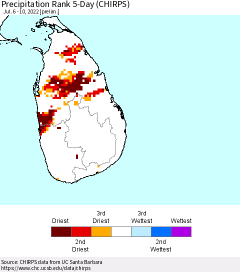 Sri Lanka Precipitation Rank 5-Day (CHIRPS) Thematic Map For 7/6/2022 - 7/10/2022