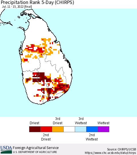 Sri Lanka Precipitation Rank since 1981, 5-Day (CHIRPS) Thematic Map For 7/11/2022 - 7/15/2022