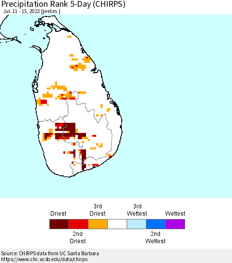 Sri Lanka Precipitation Rank 5-Day (CHIRPS) Thematic Map For 7/11/2022 - 7/15/2022