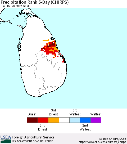 Sri Lanka Precipitation Rank since 1981, 5-Day (CHIRPS) Thematic Map For 7/16/2022 - 7/20/2022