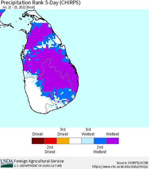 Sri Lanka Precipitation Rank since 1981, 5-Day (CHIRPS) Thematic Map For 7/21/2022 - 7/25/2022