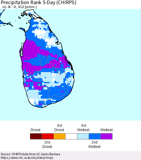 Sri Lanka Precipitation Rank 5-Day (CHIRPS) Thematic Map For 7/26/2022 - 7/31/2022