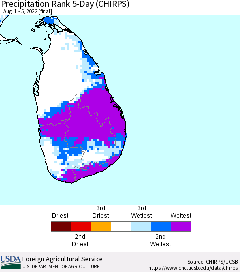 Sri Lanka Precipitation Rank since 1981, 5-Day (CHIRPS) Thematic Map For 8/1/2022 - 8/5/2022