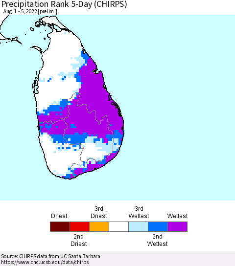 Sri Lanka Precipitation Rank 5-Day (CHIRPS) Thematic Map For 8/1/2022 - 8/5/2022