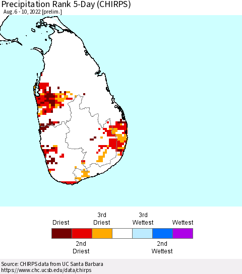 Sri Lanka Precipitation Rank 5-Day (CHIRPS) Thematic Map For 8/6/2022 - 8/10/2022