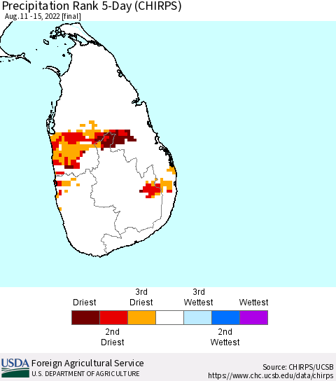Sri Lanka Precipitation Rank since 1981, 5-Day (CHIRPS) Thematic Map For 8/11/2022 - 8/15/2022