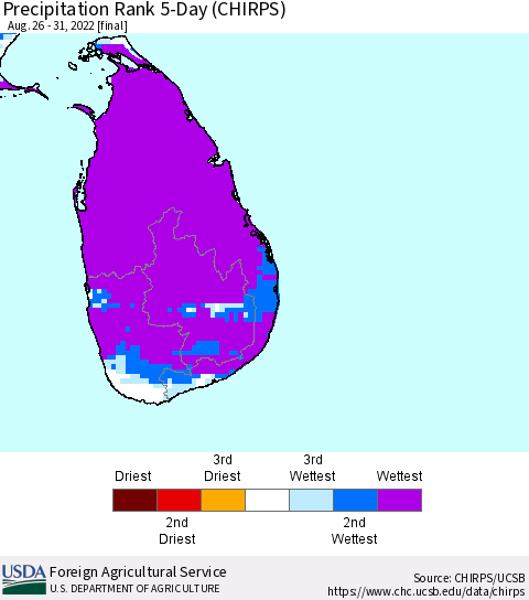Sri Lanka Precipitation Rank since 1981, 5-Day (CHIRPS) Thematic Map For 8/26/2022 - 8/31/2022