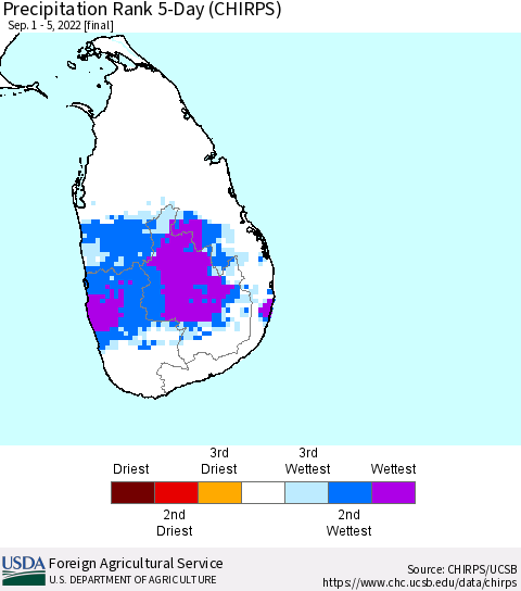 Sri Lanka Precipitation Rank since 1981, 5-Day (CHIRPS) Thematic Map For 9/1/2022 - 9/5/2022