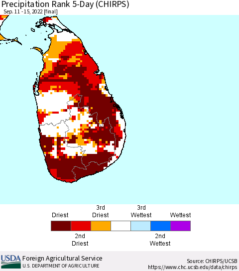 Sri Lanka Precipitation Rank since 1981, 5-Day (CHIRPS) Thematic Map For 9/11/2022 - 9/15/2022