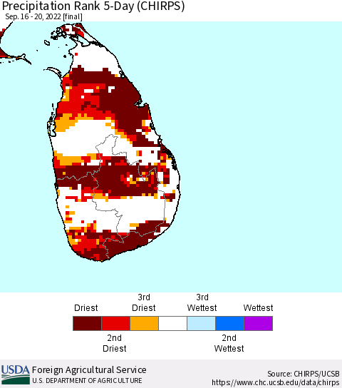 Sri Lanka Precipitation Rank since 1981, 5-Day (CHIRPS) Thematic Map For 9/16/2022 - 9/20/2022