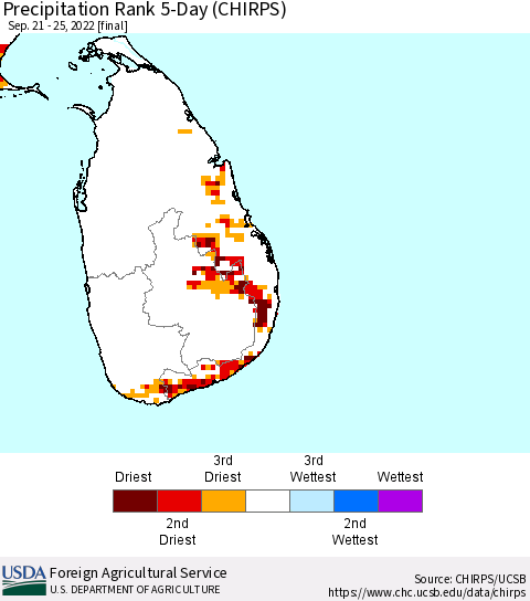 Sri Lanka Precipitation Rank since 1981, 5-Day (CHIRPS) Thematic Map For 9/21/2022 - 9/25/2022