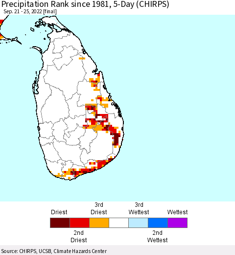 Sri Lanka Precipitation Rank since 1981, 5-Day (CHIRPS) Thematic Map For 9/21/2022 - 9/25/2022