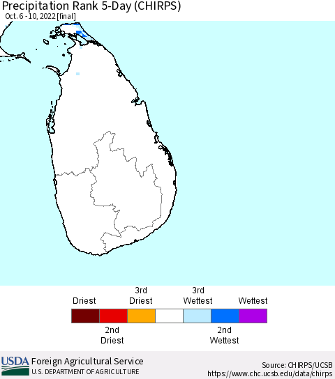 Sri Lanka Precipitation Rank since 1981, 5-Day (CHIRPS) Thematic Map For 10/6/2022 - 10/10/2022