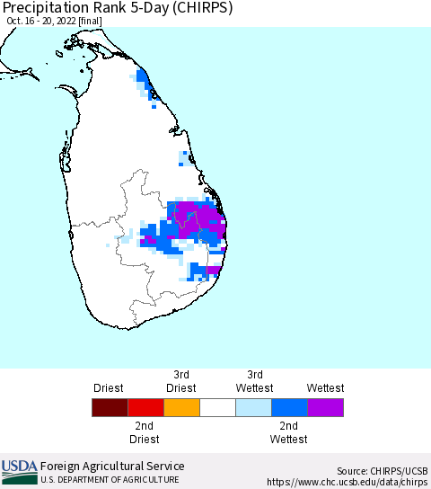 Sri Lanka Precipitation Rank since 1981, 5-Day (CHIRPS) Thematic Map For 10/16/2022 - 10/20/2022