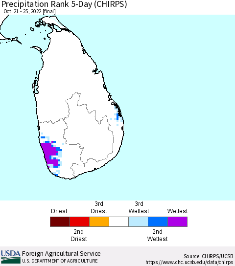 Sri Lanka Precipitation Rank since 1981, 5-Day (CHIRPS) Thematic Map For 10/21/2022 - 10/25/2022