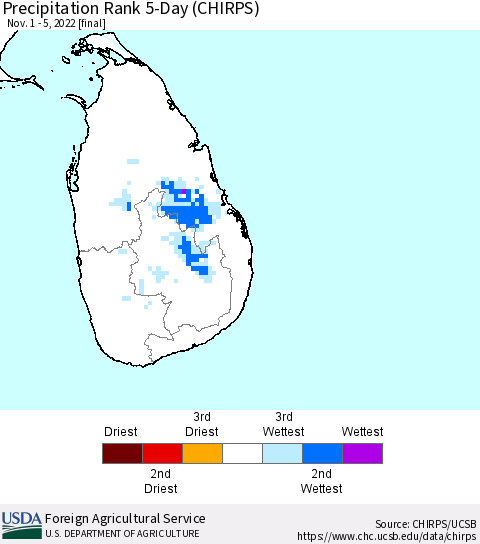 Sri Lanka Precipitation Rank 5-Day (CHIRPS) Thematic Map For 11/1/2022 - 11/5/2022