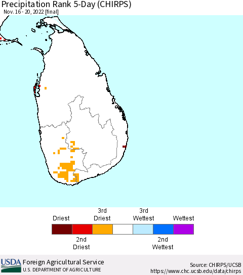 Sri Lanka Precipitation Rank since 1981, 5-Day (CHIRPS) Thematic Map For 11/16/2022 - 11/20/2022