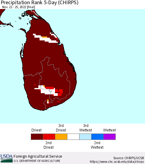 Sri Lanka Precipitation Rank since 1981, 5-Day (CHIRPS) Thematic Map For 11/21/2022 - 11/25/2022