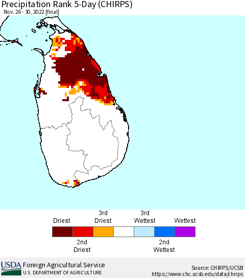 Sri Lanka Precipitation Rank since 1981, 5-Day (CHIRPS) Thematic Map For 11/26/2022 - 11/30/2022