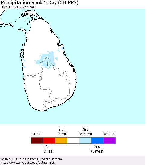 Sri Lanka Precipitation Rank since 1981, 5-Day (CHIRPS) Thematic Map For 12/16/2022 - 12/20/2022