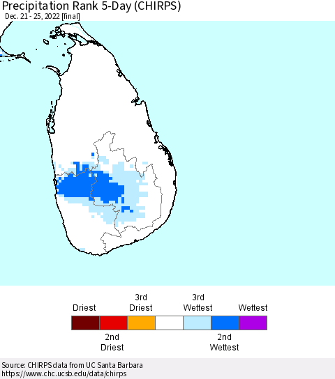 Sri Lanka Precipitation Rank since 1981, 5-Day (CHIRPS) Thematic Map For 12/21/2022 - 12/25/2022