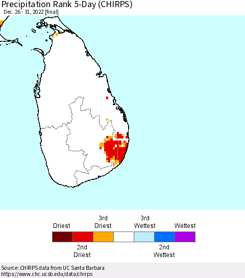 Sri Lanka Precipitation Rank since 1981, 5-Day (CHIRPS) Thematic Map For 12/26/2022 - 12/31/2022