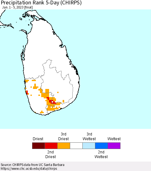 Sri Lanka Precipitation Rank 5-Day (CHIRPS) Thematic Map For 1/1/2023 - 1/5/2023