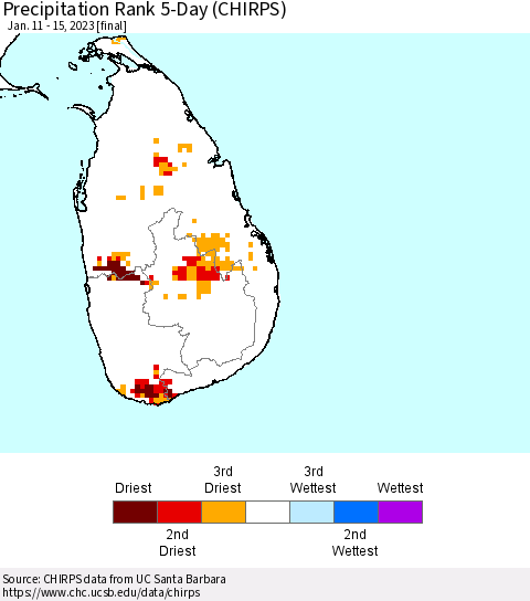Sri Lanka Precipitation Rank since 1981, 5-Day (CHIRPS) Thematic Map For 1/11/2023 - 1/15/2023