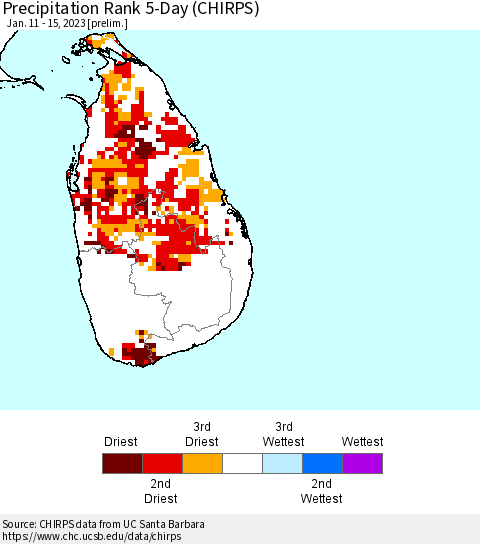 Sri Lanka Precipitation Rank 5-Day (CHIRPS) Thematic Map For 1/11/2023 - 1/15/2023