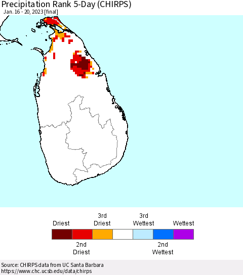 Sri Lanka Precipitation Rank since 1981, 5-Day (CHIRPS) Thematic Map For 1/16/2023 - 1/20/2023