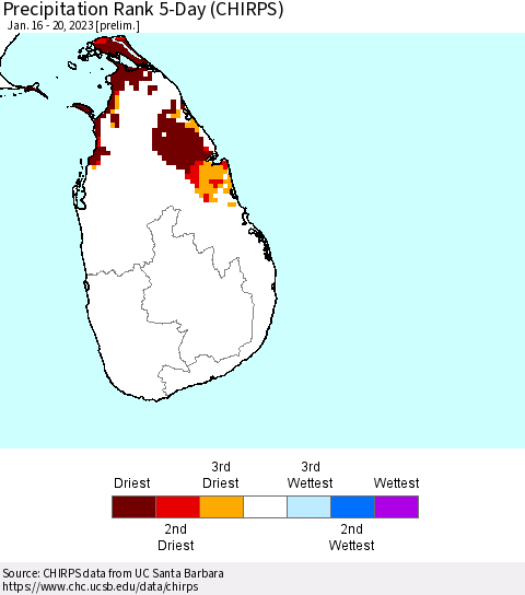 Sri Lanka Precipitation Rank 5-Day (CHIRPS) Thematic Map For 1/16/2023 - 1/20/2023