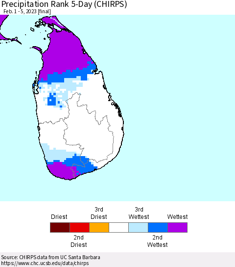 Sri Lanka Precipitation Rank 5-Day (CHIRPS) Thematic Map For 2/1/2023 - 2/5/2023