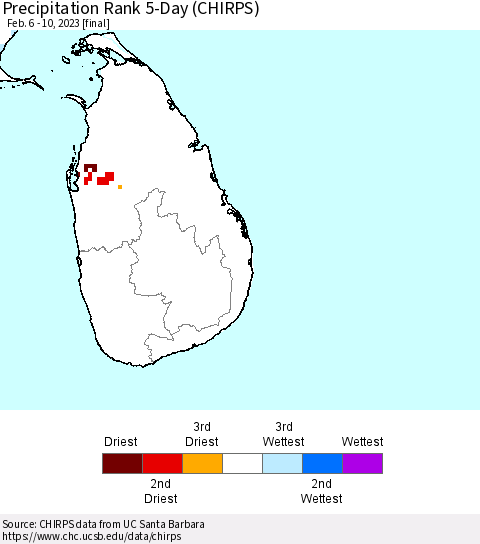 Sri Lanka Precipitation Rank 5-Day (CHIRPS) Thematic Map For 2/6/2023 - 2/10/2023