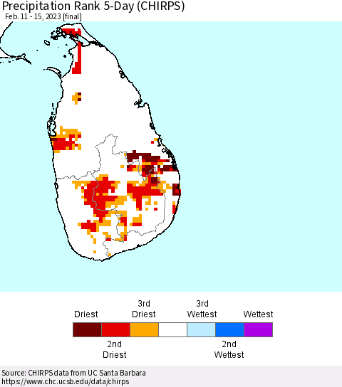Sri Lanka Precipitation Rank 5-Day (CHIRPS) Thematic Map For 2/11/2023 - 2/15/2023