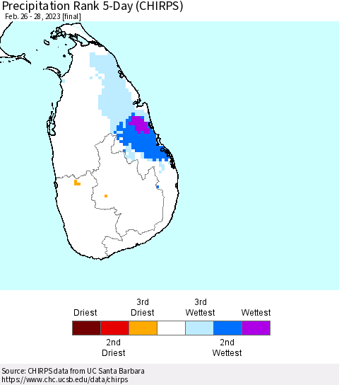 Sri Lanka Precipitation Rank 5-Day (CHIRPS) Thematic Map For 2/26/2023 - 2/28/2023