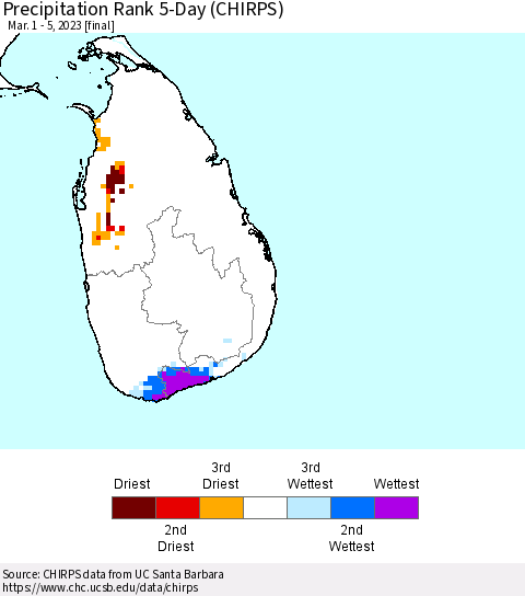 Sri Lanka Precipitation Rank since 1981, 5-Day (CHIRPS) Thematic Map For 3/1/2023 - 3/5/2023