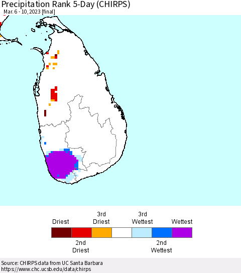 Sri Lanka Precipitation Rank since 1981, 5-Day (CHIRPS) Thematic Map For 3/6/2023 - 3/10/2023