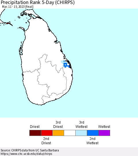 Sri Lanka Precipitation Rank since 1981, 5-Day (CHIRPS) Thematic Map For 3/11/2023 - 3/15/2023