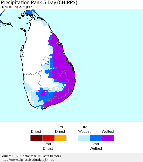 Sri Lanka Precipitation Rank since 1981, 5-Day (CHIRPS) Thematic Map For 3/16/2023 - 3/20/2023