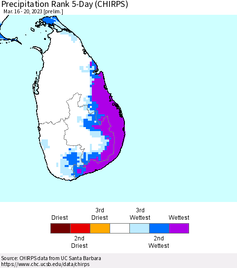 Sri Lanka Precipitation Rank 5-Day (CHIRPS) Thematic Map For 3/16/2023 - 3/20/2023