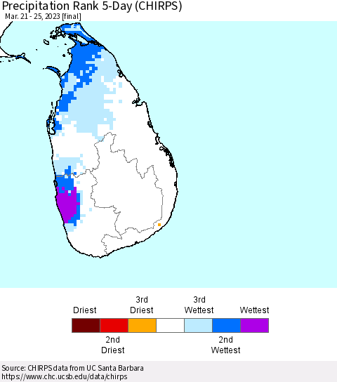 Sri Lanka Precipitation Rank since 1981, 5-Day (CHIRPS) Thematic Map For 3/21/2023 - 3/25/2023