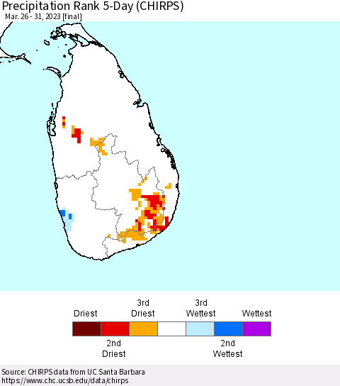 Sri Lanka Precipitation Rank since 1981, 5-Day (CHIRPS) Thematic Map For 3/26/2023 - 3/31/2023