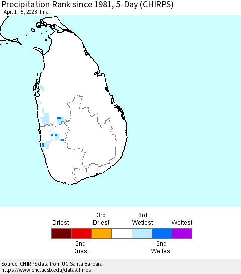 Sri Lanka Precipitation Rank since 1981, 5-Day (CHIRPS) Thematic Map For 4/1/2023 - 4/5/2023