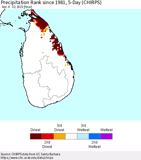 Sri Lanka Precipitation Rank since 1981, 5-Day (CHIRPS) Thematic Map For 4/6/2023 - 4/10/2023