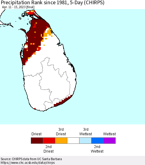 Sri Lanka Precipitation Rank since 1981, 5-Day (CHIRPS) Thematic Map For 4/11/2023 - 4/15/2023